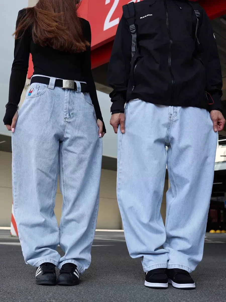 

Vintage Blue Classic Embroidery high waisted Jeans Baggy Skateboard Streetwear Y2K Couples Fashion Basketball Pants Men Clothing