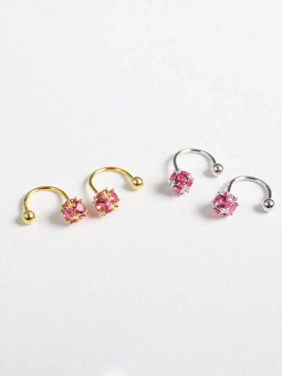 

C-Shape Belly Button Ring With Pink Rhinestone Ball Curved Hook Navel Piercing For Women
