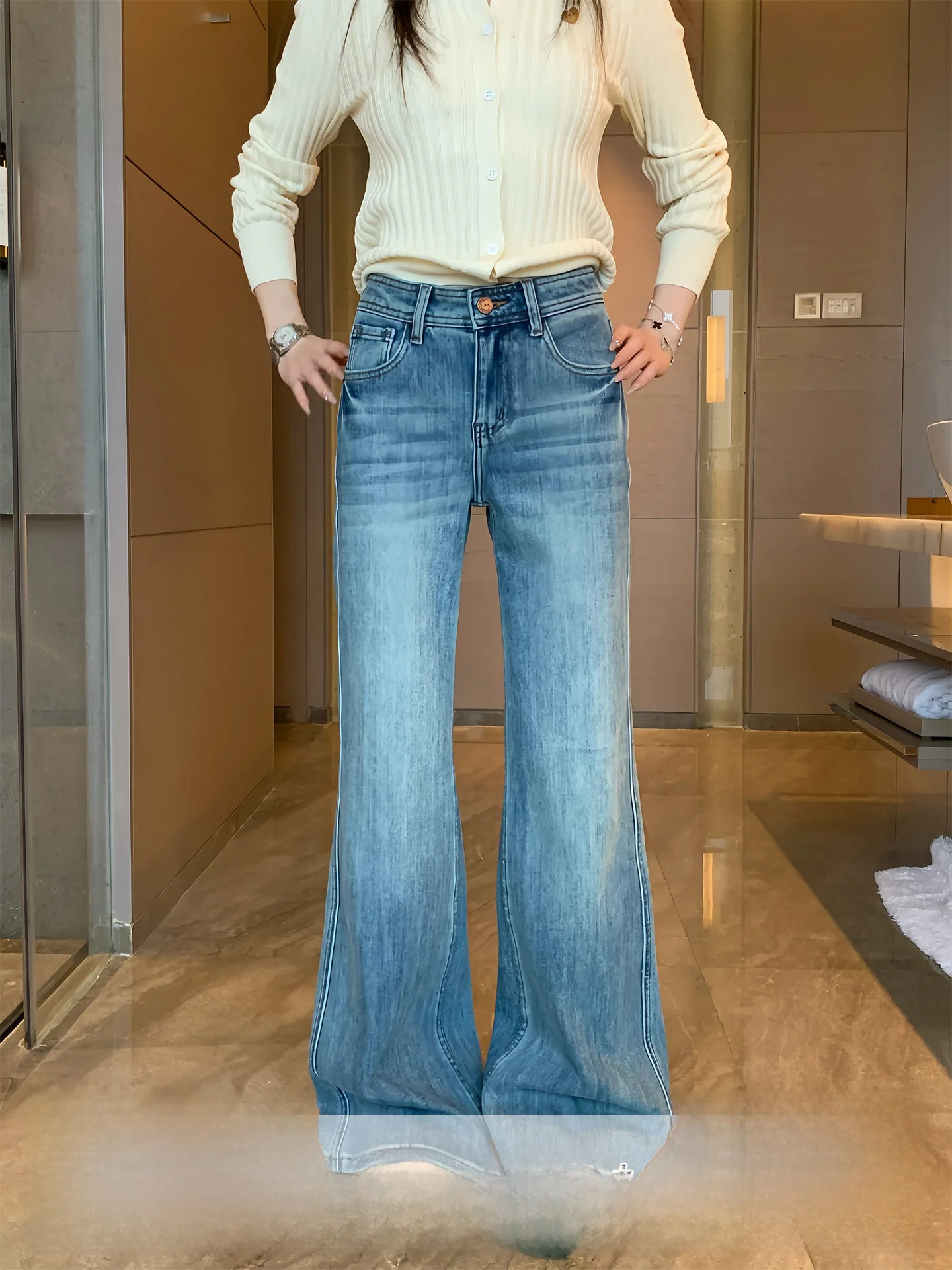 

American Retro Blue Bell Bot Jeans Women's Spring Dra Straight Leg Slimming Versatile Pants Casual Cotton l Waist