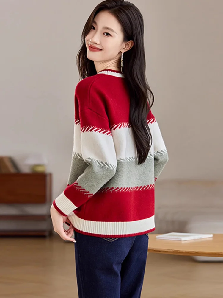 New Women Autumn Winter Striped Sweater Fashion O-Neck Long Sleeve Loose Knitted Pullover Casual Contrast Color Sweater