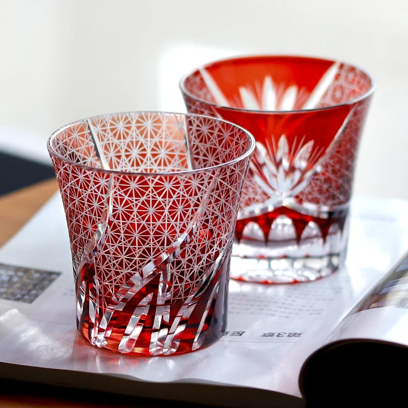 220ml 7.5 oz Old Fashioned Ruby Red Colored Crystal Glass Whiskey Brandy Tumbler With Chrysanthemum Mesh And Sea Wave