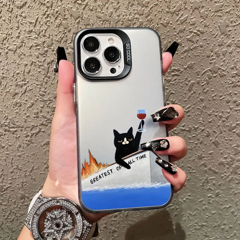 

Cool Cartoon Red Wine Black Cat Phone Case For iPhone 13 11 12 Mini Pro Max 16 14 15 Pro Max Plus Shockproof Laser Back Covers