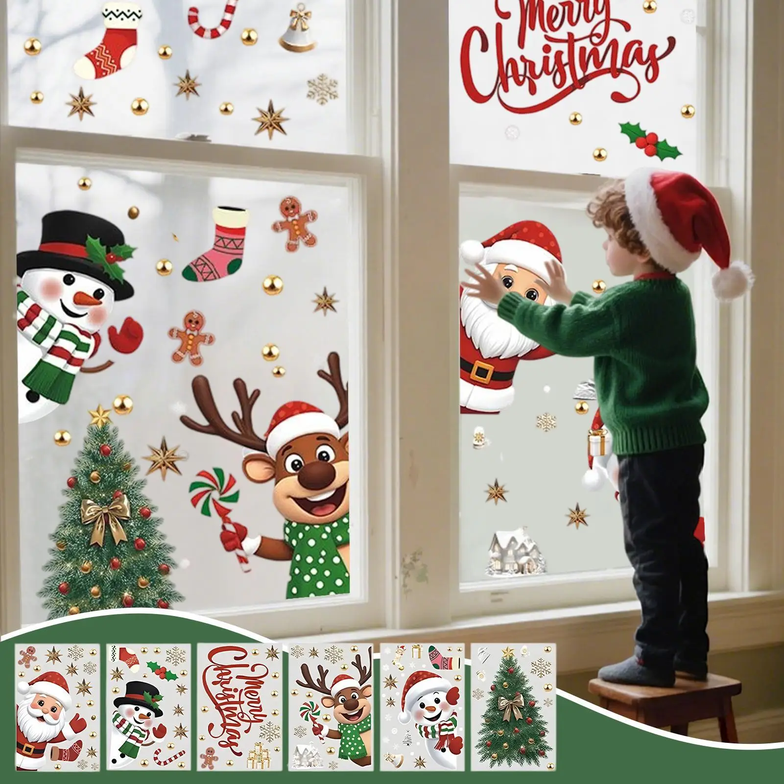 ตกแต่งหน้าต่างคริสต์มาสวันหยุดเกล็ดหิมะซานตาคลอสกวางเรนเดียร์ต้นไม้สโนว์แมนสติกเกอร์ 6 แผ่นสติ๊กเกอร์วันหยุดหน้าต่างแบบใช้ซ้ำได้