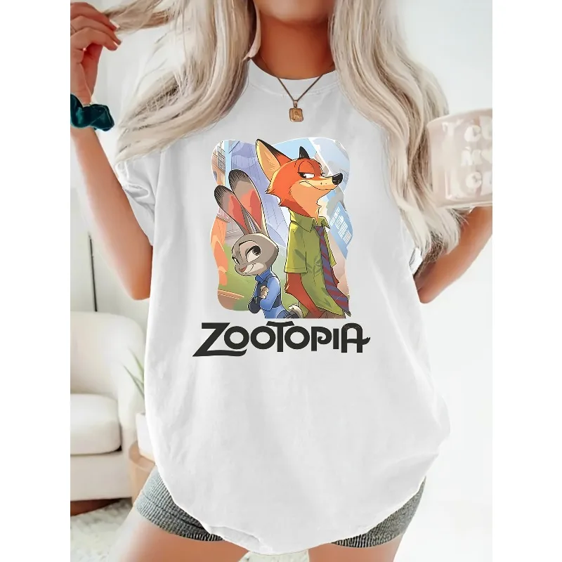 

Ladies' Disney Elegant Short Sleeve "Zootopia" Rabbit Judy and Fox Nick Series Printed Round Neck Summer Dress Women's T-shirt