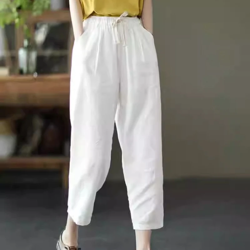 

Spring Summer Cotton Linen Pants Women Solid Color Casual Ankle-length Pant Woman Lace-up Waist Loose Trousers E8901