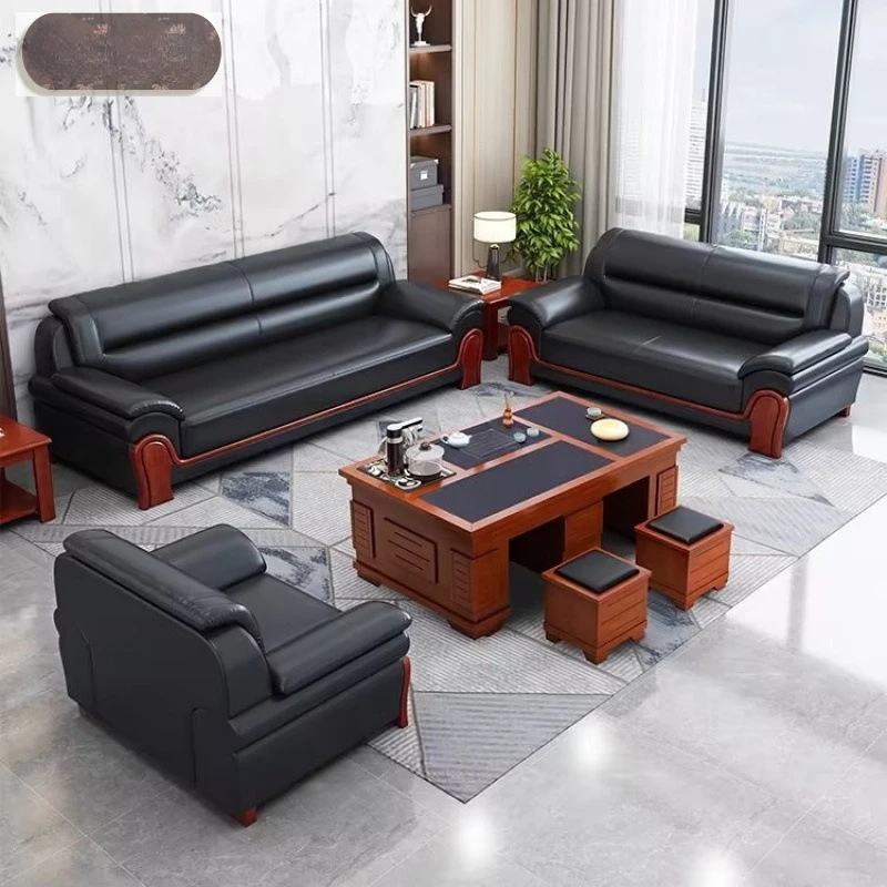 Guest reception room leather art solid wood sofa business office sofa coffee table combination