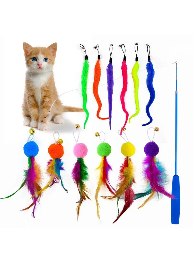 11pcs Cat Teasing Stick Plush Toy Feather Replacement Head Feather Toy Set Retractable Cat Stick Cat Products Chew Toy Set