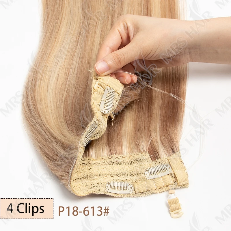 MRSHAIR Clip in Hair Extensions Human Hair One Piece Straight P18-613 Blonde Natural Hair Extensions 12-24inch Fish Line 4 Clips