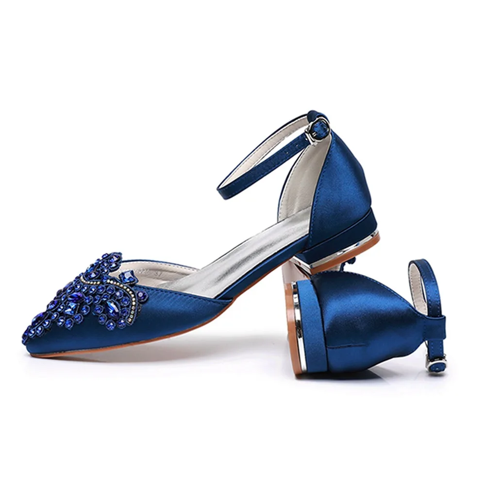 Spring and summer pointed satin rhinestone wristband flat heel wedding shoes square heel low heel 43 large size women's sandals - view 2