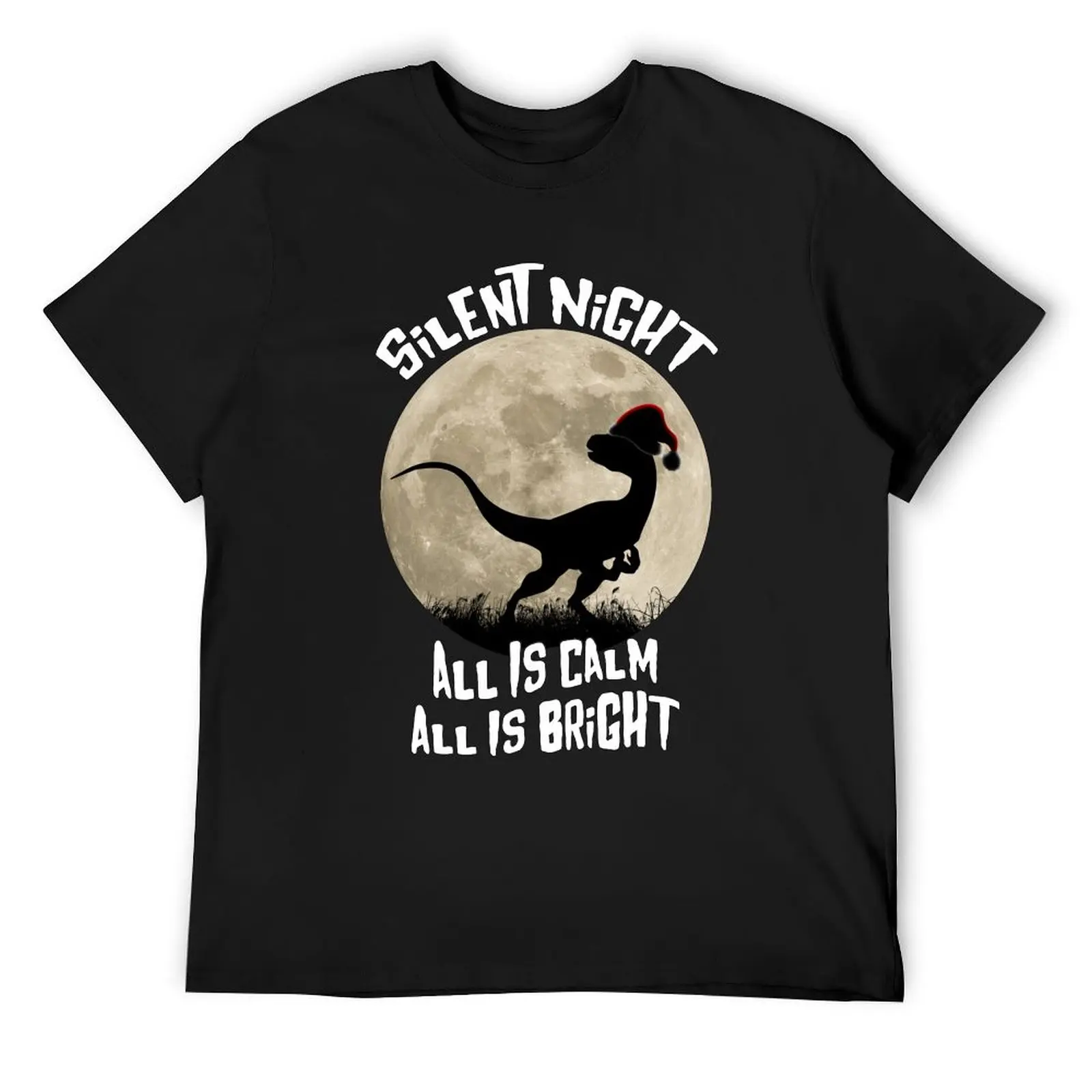 Christmas Silent Night All Is Clam All Is Bright Velociraptor Santa Hat Full Moon T-Shirt sweat blanks t shirts for men cotton