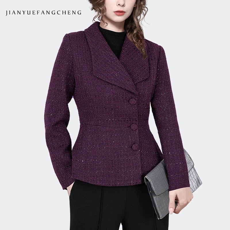 2024 Autumn and Winter Woolen Jacket Women's Purple Suit Collar Waist Cinched Short Style Slimming Top, Casual Blazer