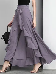 2023 Autumn Elegant Women Solid Pants Causal Ruffle Drawstring Trouser High Waist Irregular Loose Pure Color Female Pant Skirt
