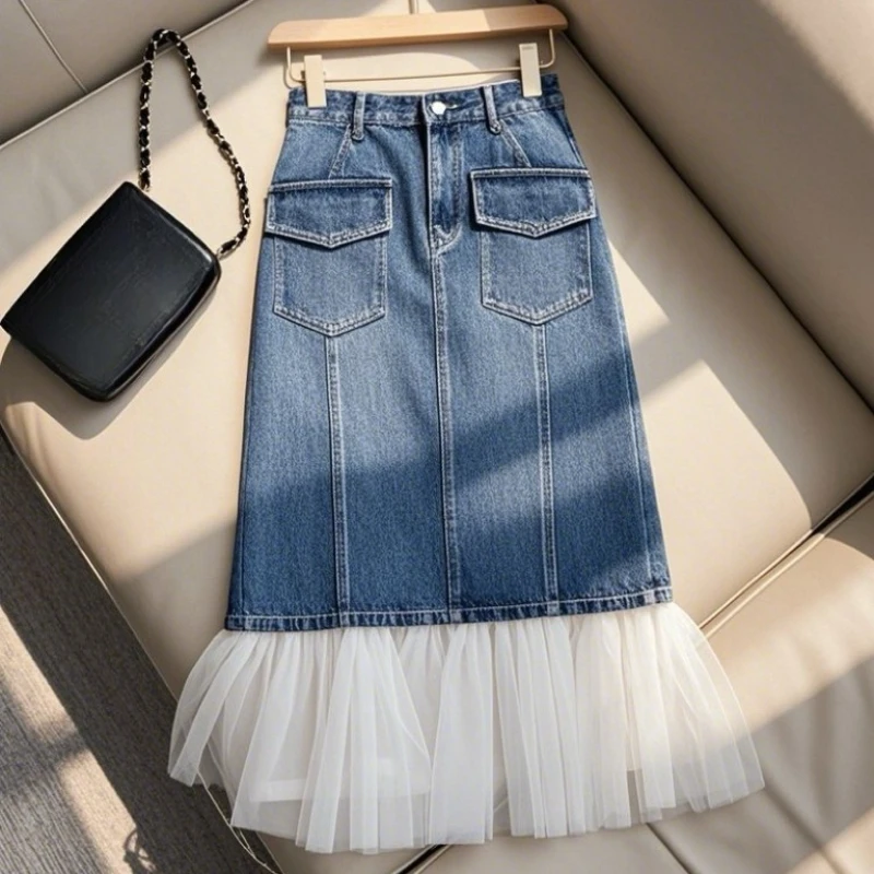 

2025 Spring Summer Women Casual High Waisted Ruffles Bleached Denim Skirt , Woman Designer Pockets Slim Skirts