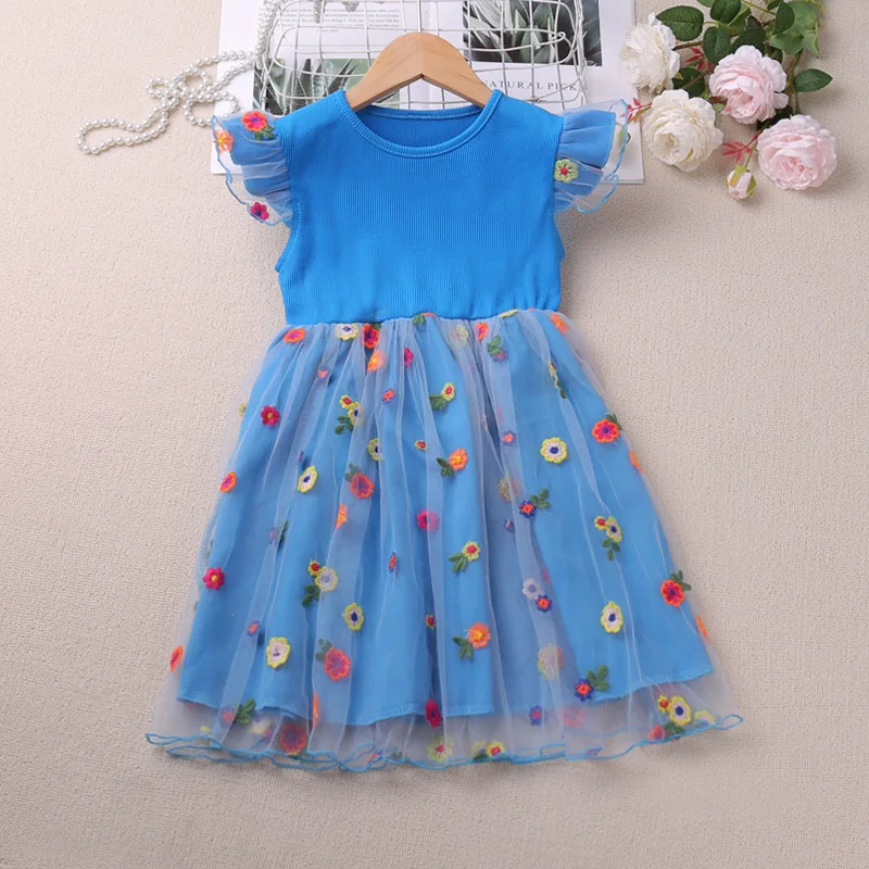 Humor Bear Baby Girls Dress Summer  Flying Sleeve Flower Print Patchwork Cute Sweet Mesh Yarn Dresses for 2-6Y