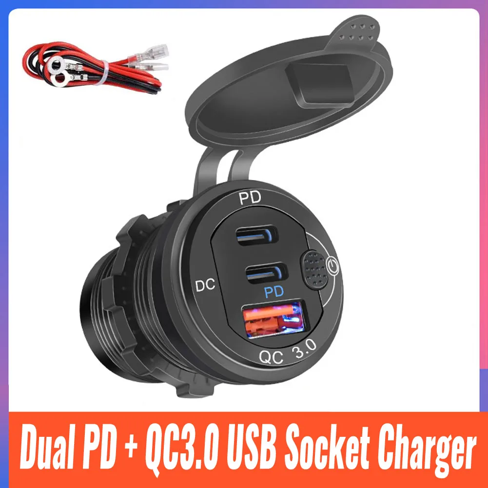 

12 В Автомобильное зарядное устройство QC3.0 и Dual PD Тип C USB Автомобильное зарядное устройство гнездо с переключателем Алюминиевый металлический адаптер для быстрой зарядки электрическая розетка