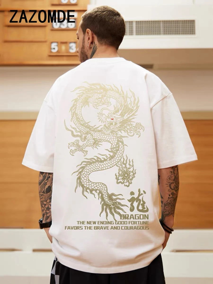 ZAZOMDE Chinese Loong Pattern T Shirt Summer Cotton Man Print Short T Shirts Hip Hop Men Women Beach Anime Clothing Tops Tees