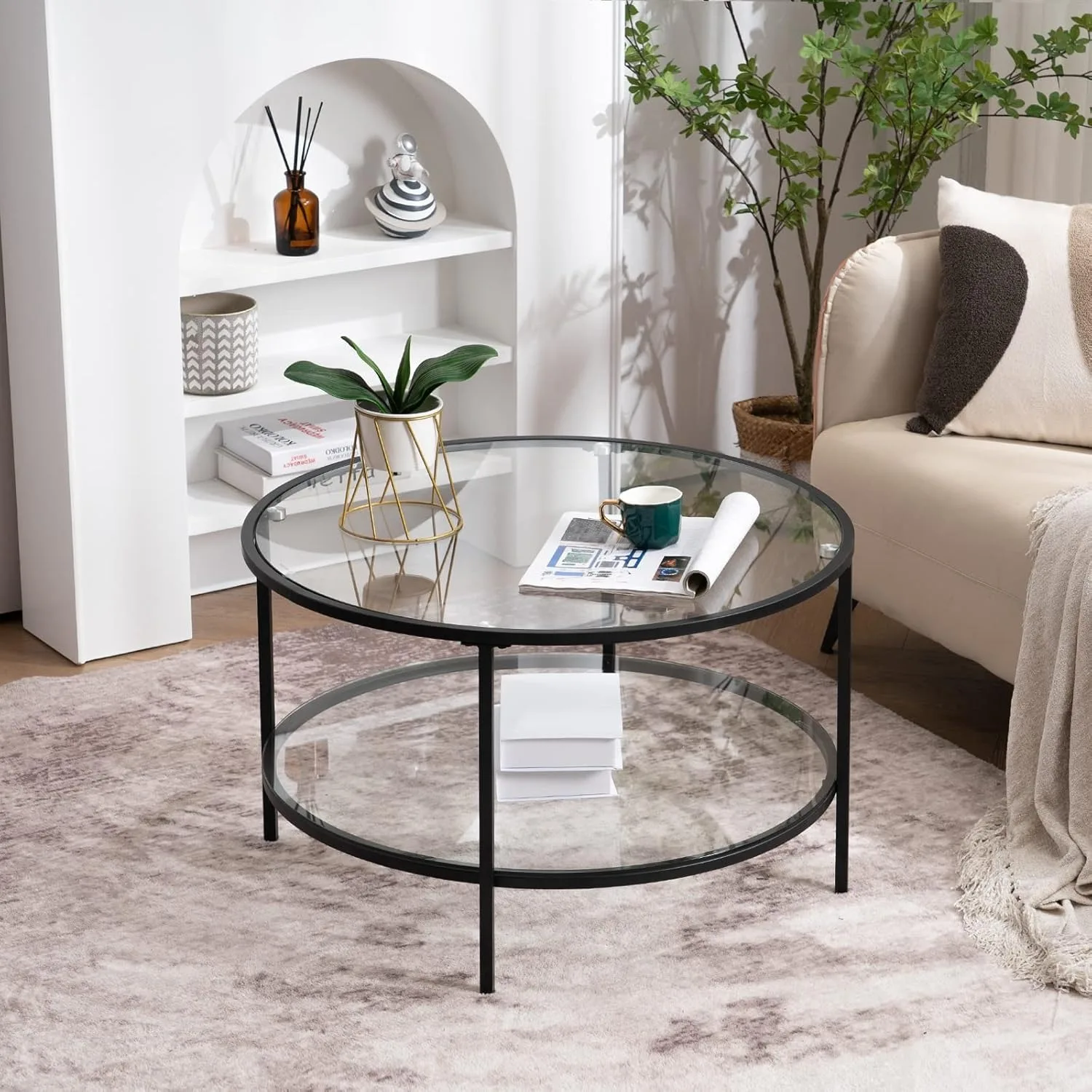 Glass Coffee Table,Round Coffee Tables for Living Room,2-Tier Glass Top with Storage Clear Coffee Table