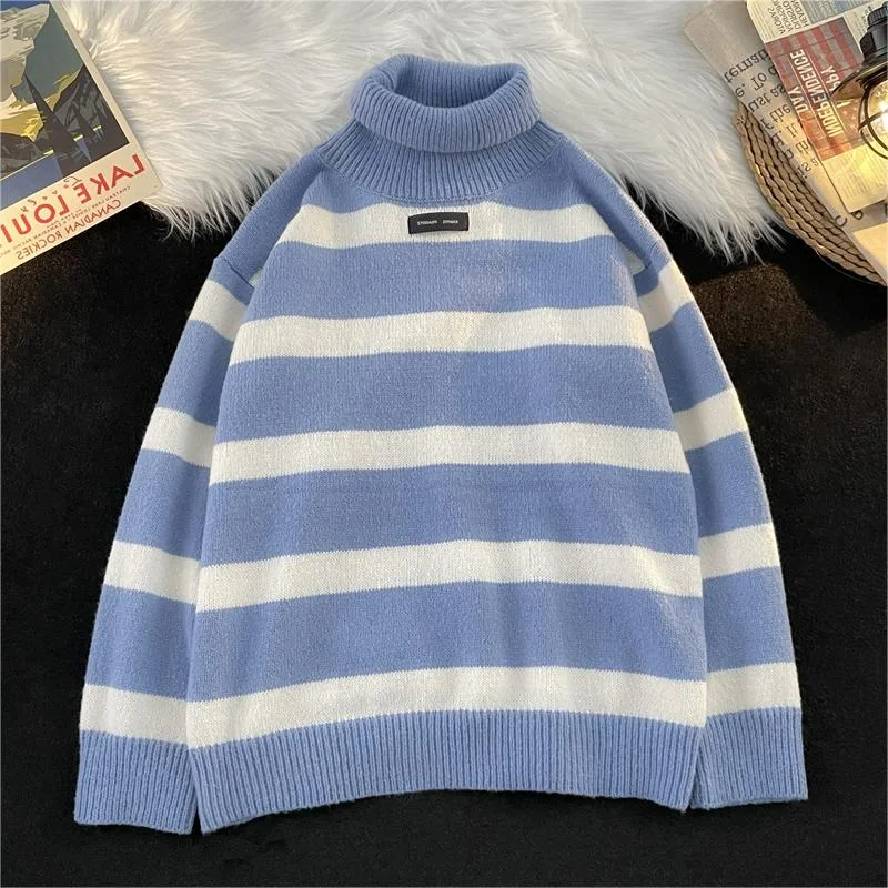 

Мужской свитер большого размера с высоким воротом, осенне-зимний, в полоску, теплый, базовый слой, вязаный, винтажный, свободного кроя, из полиэфирного волокна