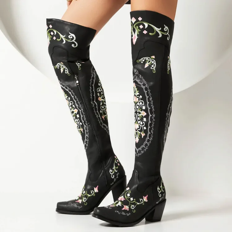 Vintage Embroidered Flower Western Cowboy Boots Pointed Head Square Heel Zipper Over Knee Boots Large Size Sexy Women's Boots