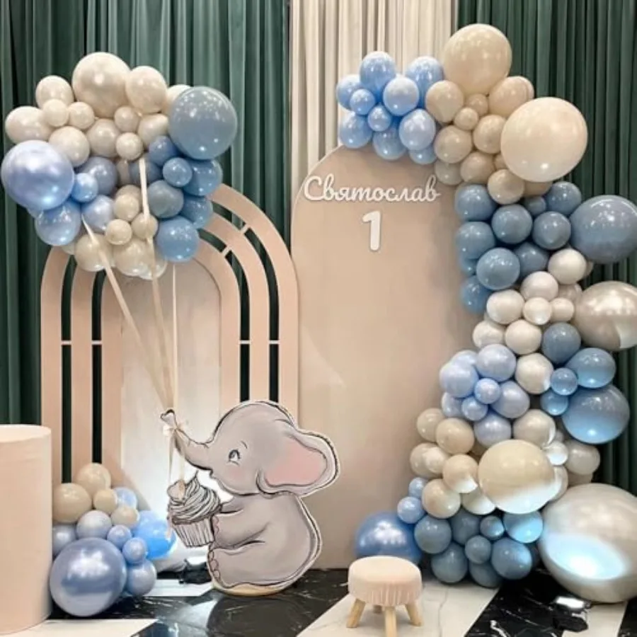 Dusty Blue White Sand Balloon Arch Garland Kit 141pcs Slate Fog Baby Blue Sand White Beige Cream Balloons for Boy Girl Birthday