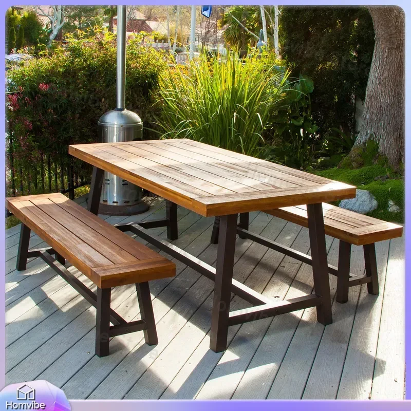 Outdoor Solid Wood Dining Table and Chairs Set Weatherproof Patio Garden Furniture Long Sunroom Table Chair Combination for