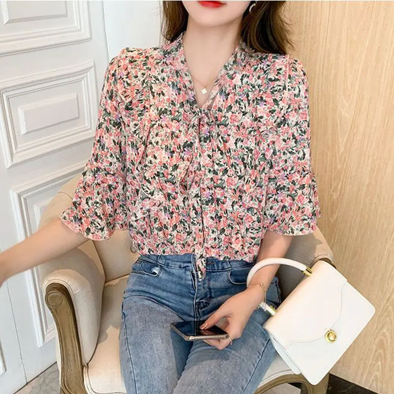 Women\'s Simplicity Office Lady Printed Bow Blouse, Temperament Casual Loose Tops, Spring and Summer Clothes, New Style Fashion