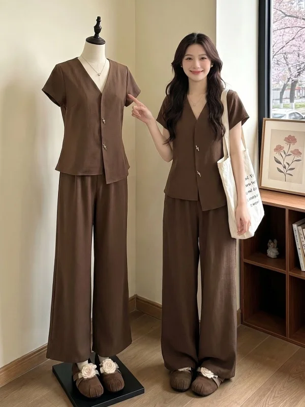 

plus Size Women's Summer Fashion Set High Waist Wide Leg Pants And Coffee Shirt Two Piece Suit Casual Commute Style