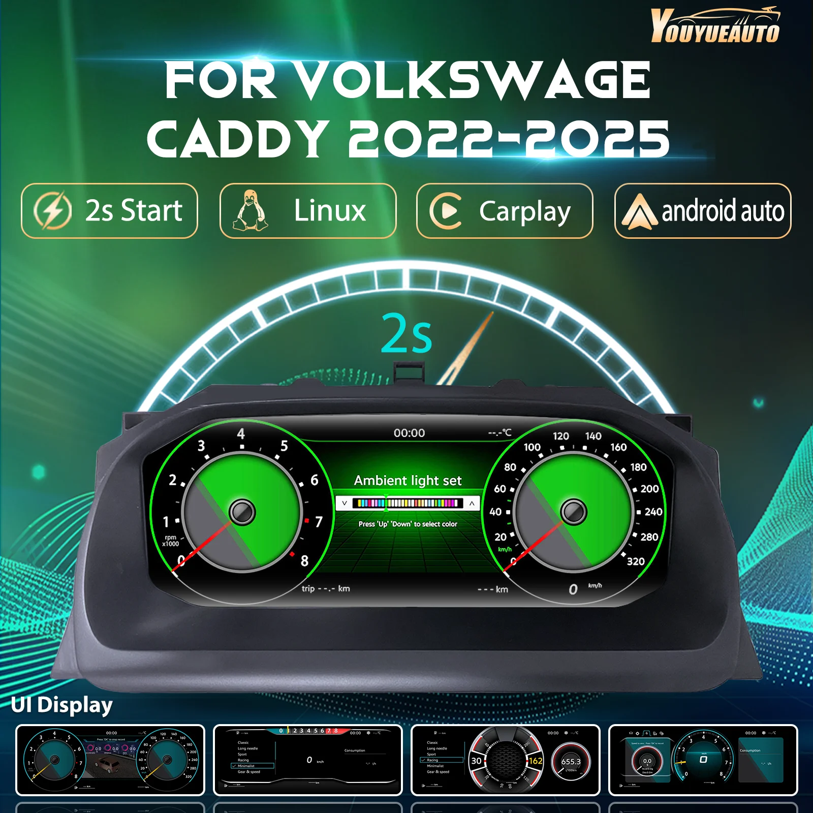 12,3'' LCD-Digital-Armaturenbrett für Volkswagen Caddy Baujahre 2022-2025, Auto-Instrumententafel, Cockpit-Tachometer mit Navigation