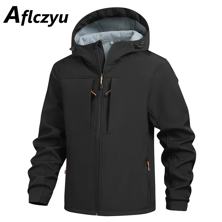 

Autumn Fleece Windbreaker Jacket Men Fashion Casual Solid Color Waterproof Jacket Coat Male