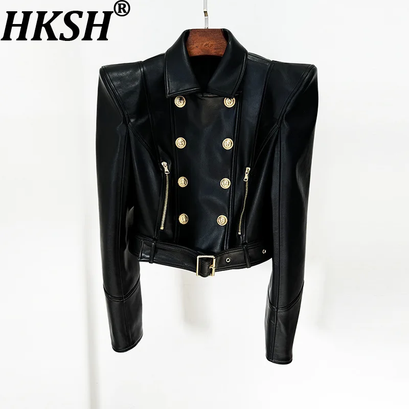 HKSH 2026 Spring Autumn New Women Short Jacket PU Leather Double Breasted Belted Streetwear Motorcycle Chic Punk Ins Coat HK3915