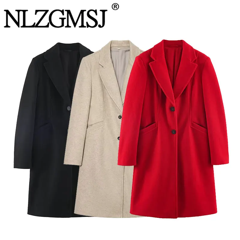 Nlzgmsj 2026 Autumn Women Notched Lapel Blend Coat Single Breasted Mid Long Trench Coat Pocket Elegant Office Lady Outerwear