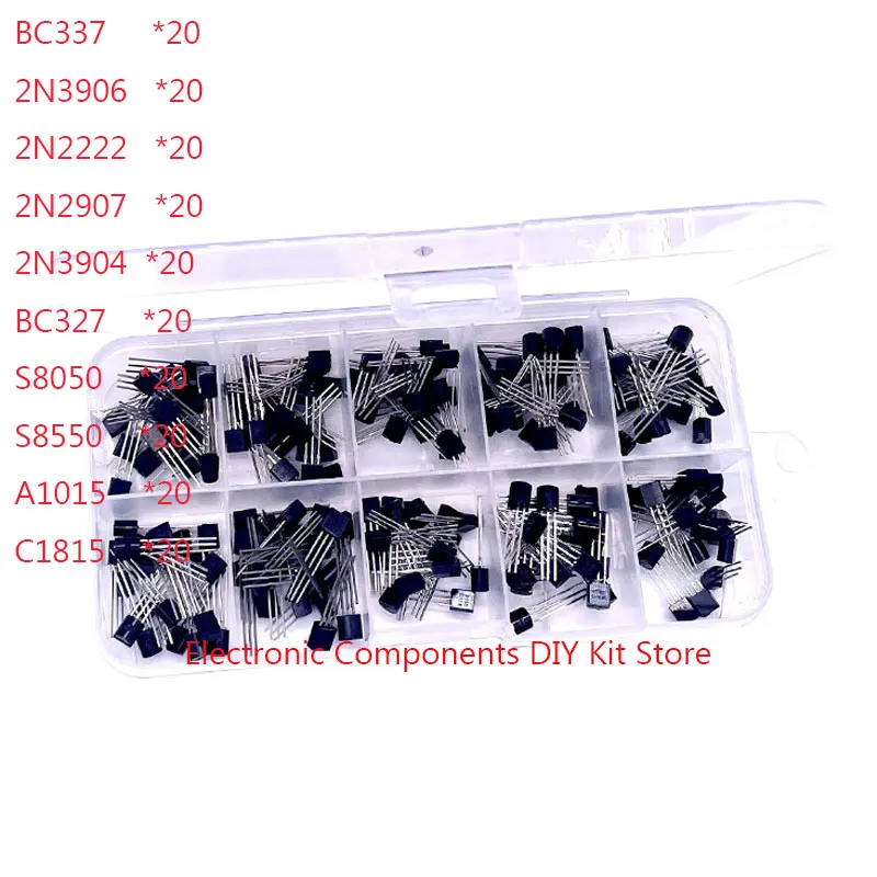 10 أنواع من مواصفات TO-92 مكونات إلكترونية مختلطة 200 صمام ثلاثي PNP NPN طقم ترانزستور صندوق مكون 2n222 BC337 BC327