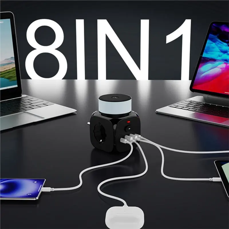 EU Plug Power Strip Wall Socket With 3 AC Outlets 2 USB Ports 2 Type-C Fast Chargers LED Night Light Switch Included