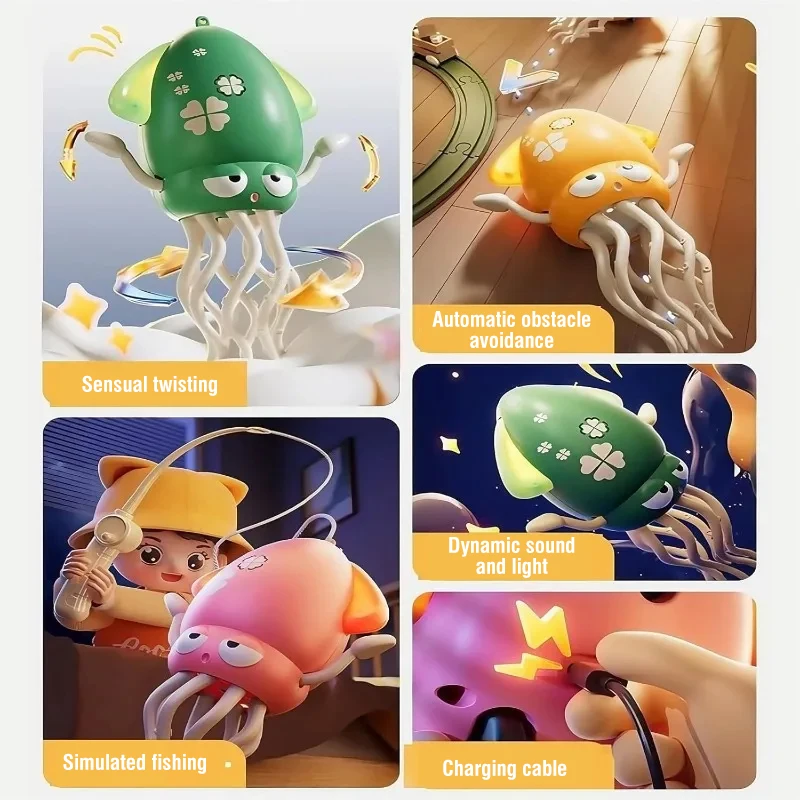 Pulpo Eléctrico Bailarín Con Música Y Luz – Juguete Interactivo Con Caña De Pescar Y Puerto USB, Batería Recargable, Ideal Para Fiestas Infantiles Y Regalo Para Niños De 3 A 7 Años (Color Cian)