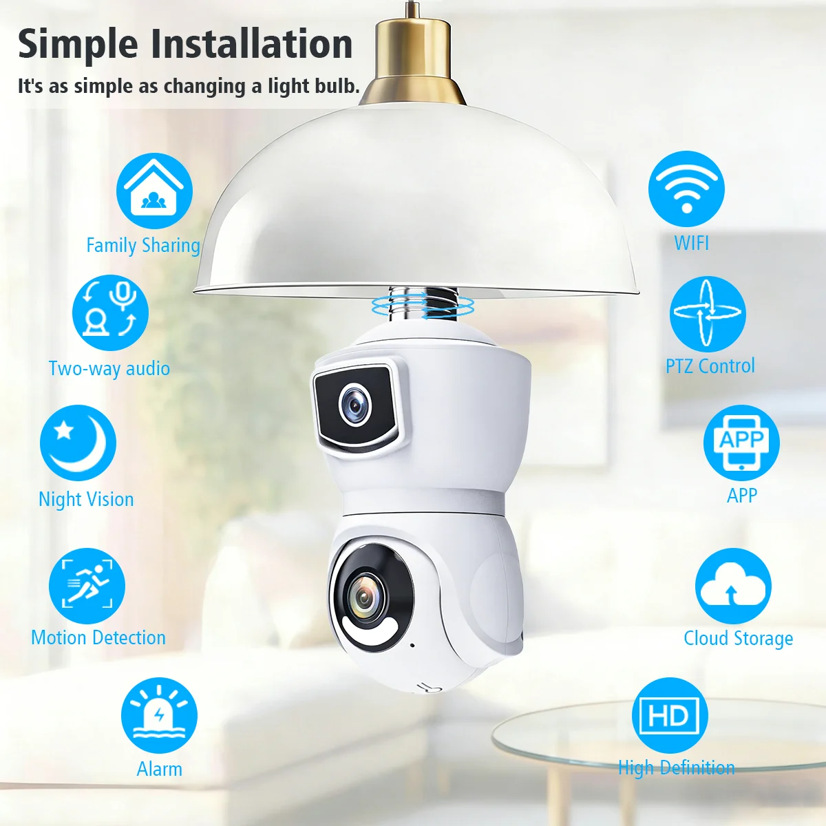 8MP E9S Indoor Bulb WiFi Camera with 4K Dual Lens, High-Definition Night Vision, Human Detection, and Two-Way Voice Control。