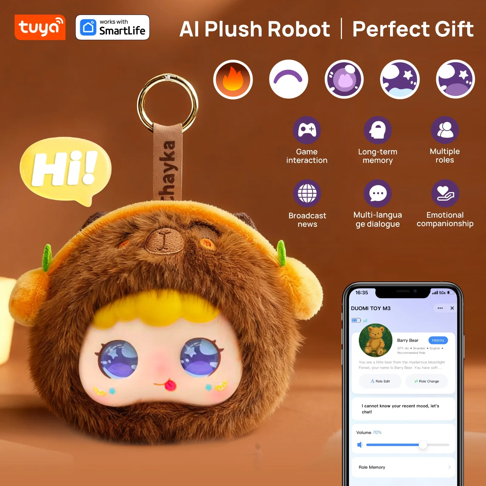 Capybara:Tuya Smart Al Plush Robot | Perfect Gift-W/Interactive Eyes and Voice Control,Perfect for Kids Gift/Smart Home-Brown
