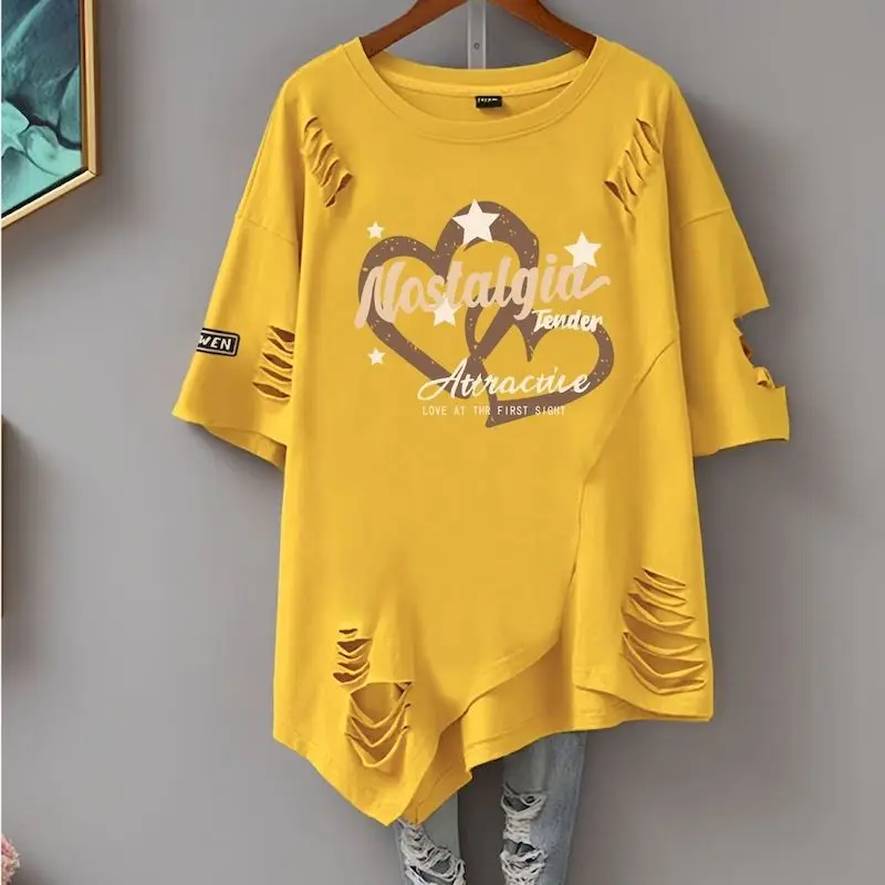Cotton T-shirts for Women 2026 New in Summer Loose T Shirt Double Heart Print Graffiti Ripped Short Sleeve Tshirt Irregular Tops