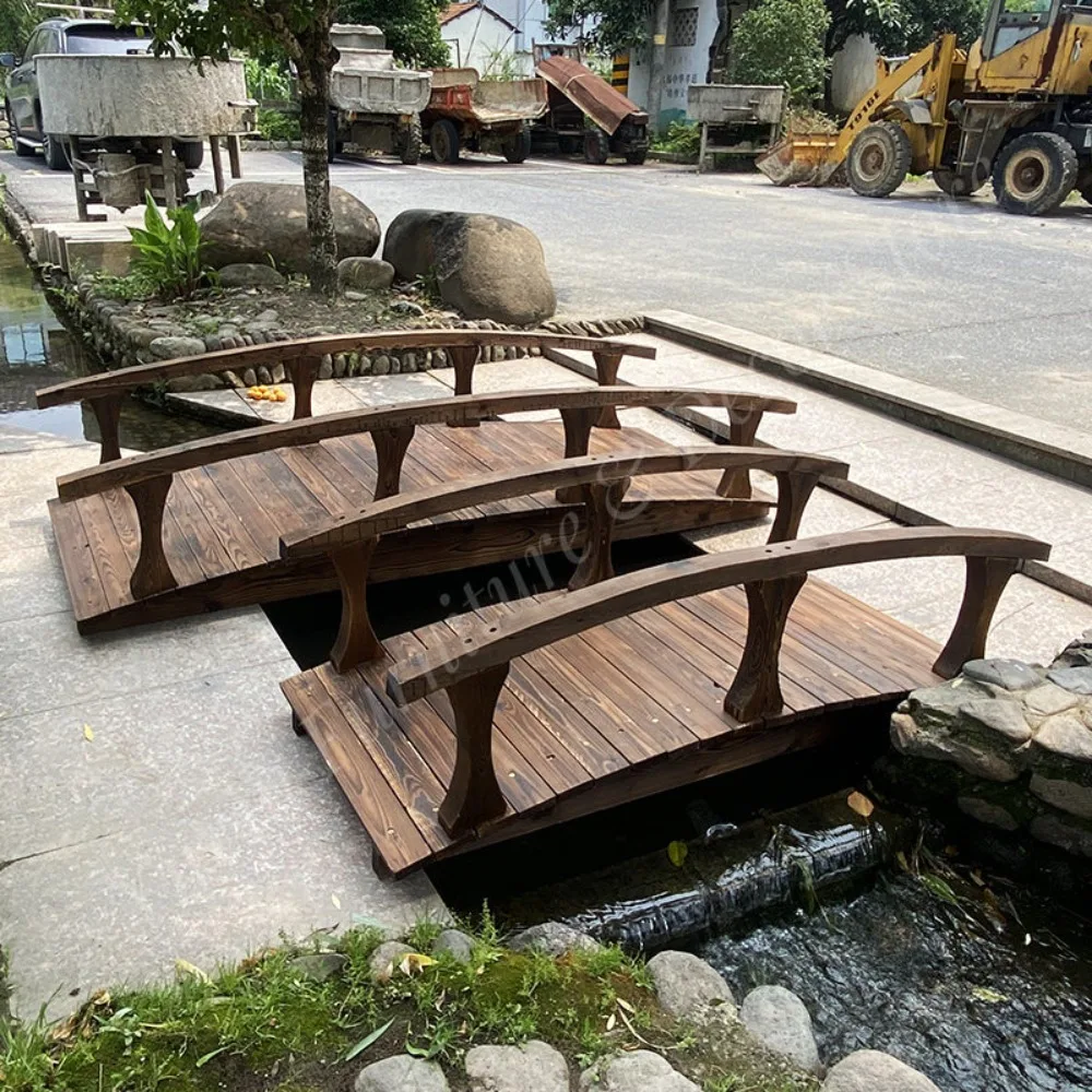 Antique Wooden Arch Bridge over Water Carbonized Solid Wood Curved Railings Custom Size for Garden Yard Patio Landscape Decor