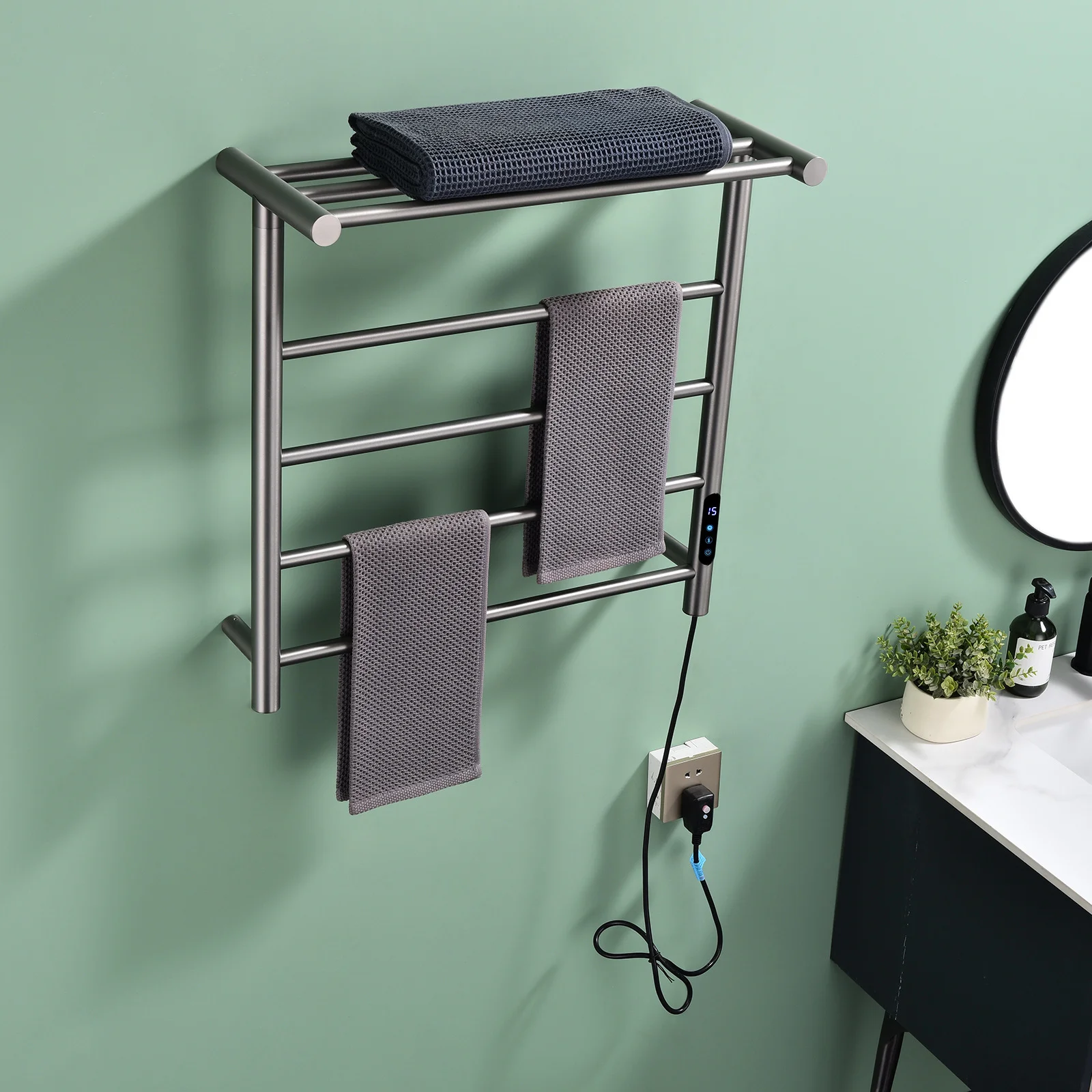 Brushed Gold 60x60.5cm Heated Towel Rack with Cloth Holder 304 Stainless Steel Thermostatic Electric Towel Warmer