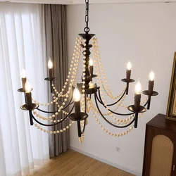 The rustic minimalist creative wrought iron wooden bead chandelier in the restaurant,the personalized lamps in the shopping mall