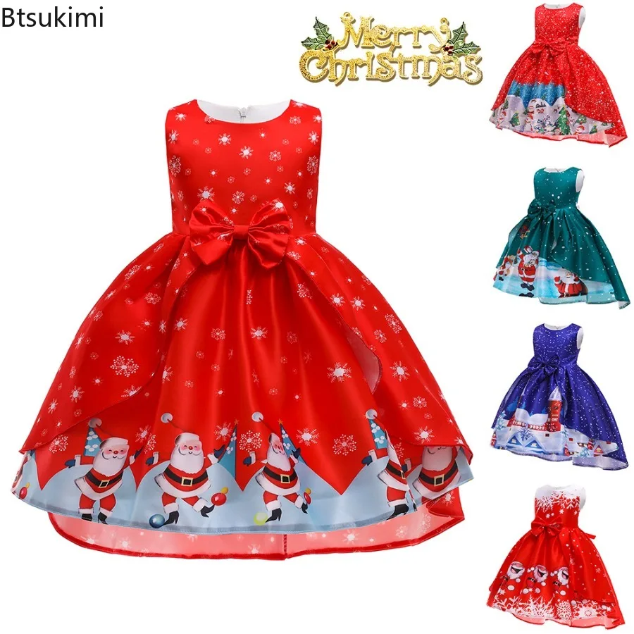 4-16Y Teens Kids Dresses for Girls Christmas Clothes Children's Santa Claus Snowflake Cartoon Print Princess Party Dress Costume