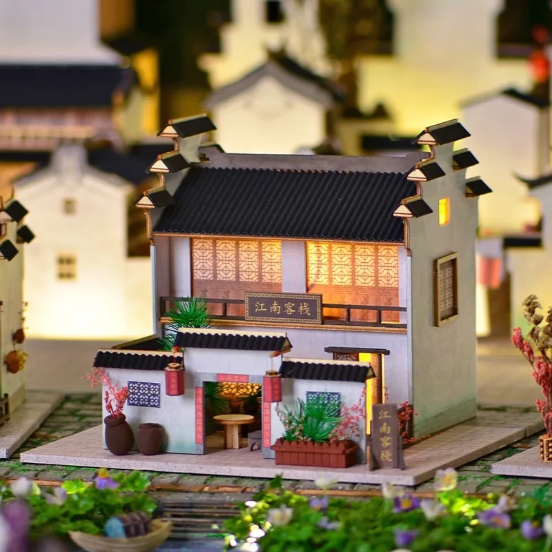 디오라마 DIY 나무 인형 집 중국 미니어처 빌딩 키트 가구 장면 디스플레이 모델과 손으로 만든 Jiangnan Town