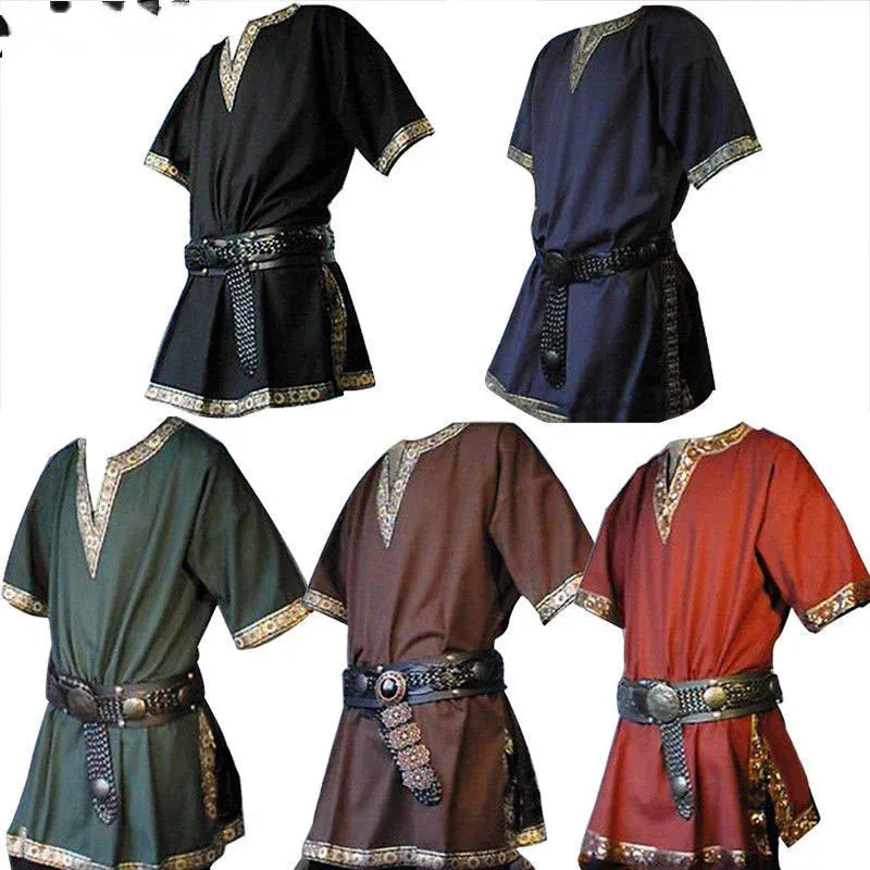 

Cosplay Halloween Medieval Costume Viking Pirate Shirt Adult Knight Warrior Tunic Norman Larp Tops Short Sleeve Men