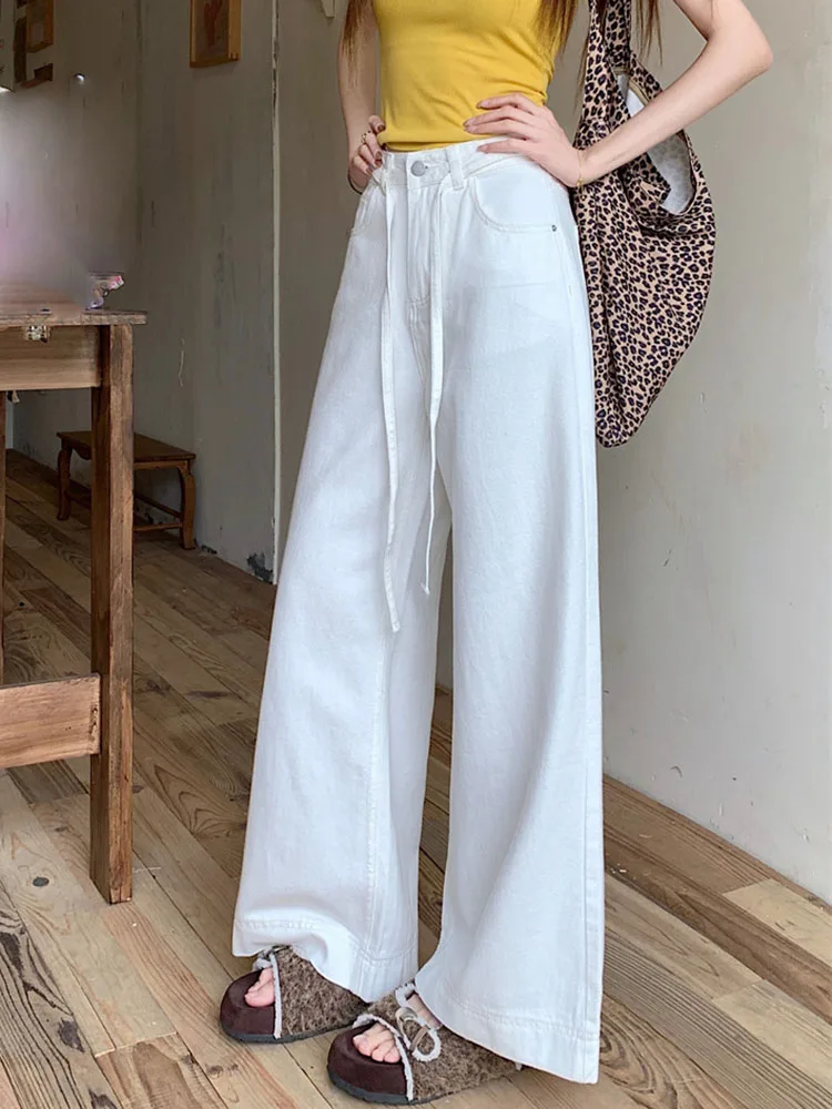 กางเกงยีนส์วินเทจทรงหลวมเอวสูงแบบมีเชือกผูกสำหรับผู้หญิง สไตล์ลำลอง สตรีทแวร์ แฟชั่นทรงตรง