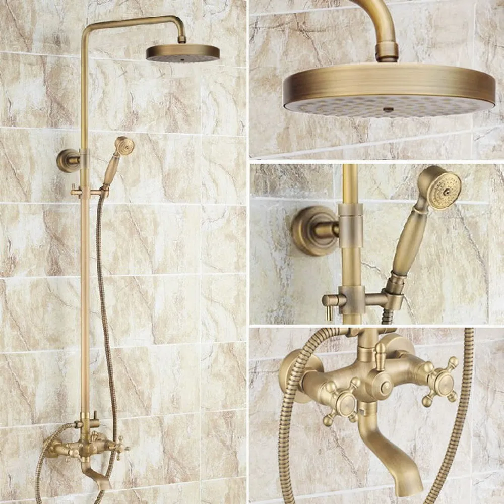 

Antique Brass Two Cross Handles Bathroom Rain Shower Faucet Set Tub Mixer Tap Round Rain Shower Head Handshower ars127