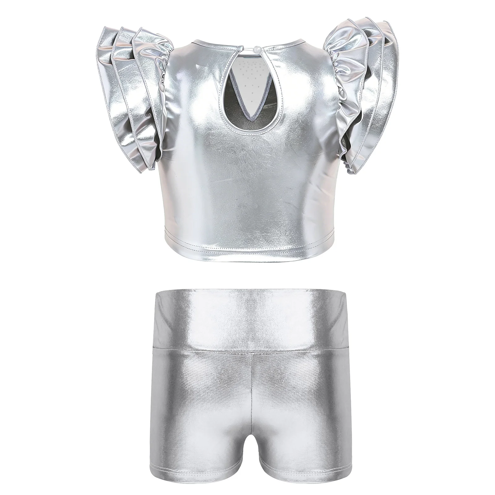 Kids Girls Jazz Ballet Dance Clothing Layered Ruffled Sleeves Keyhole Back Crop Top with High Waist Shorts Gymnastics Dancewear