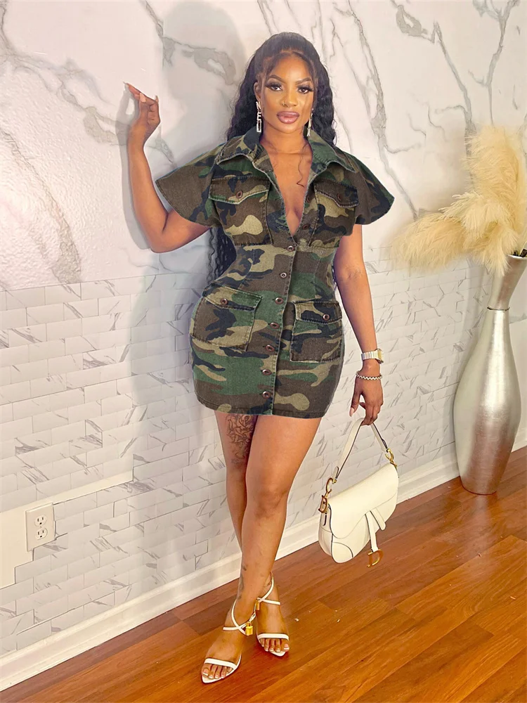 

Female Sexy Camo Sheath Dress Fashion With Large Lapel Pocket Streetwear Camouflage Casual Desses For Women 2023 Summer