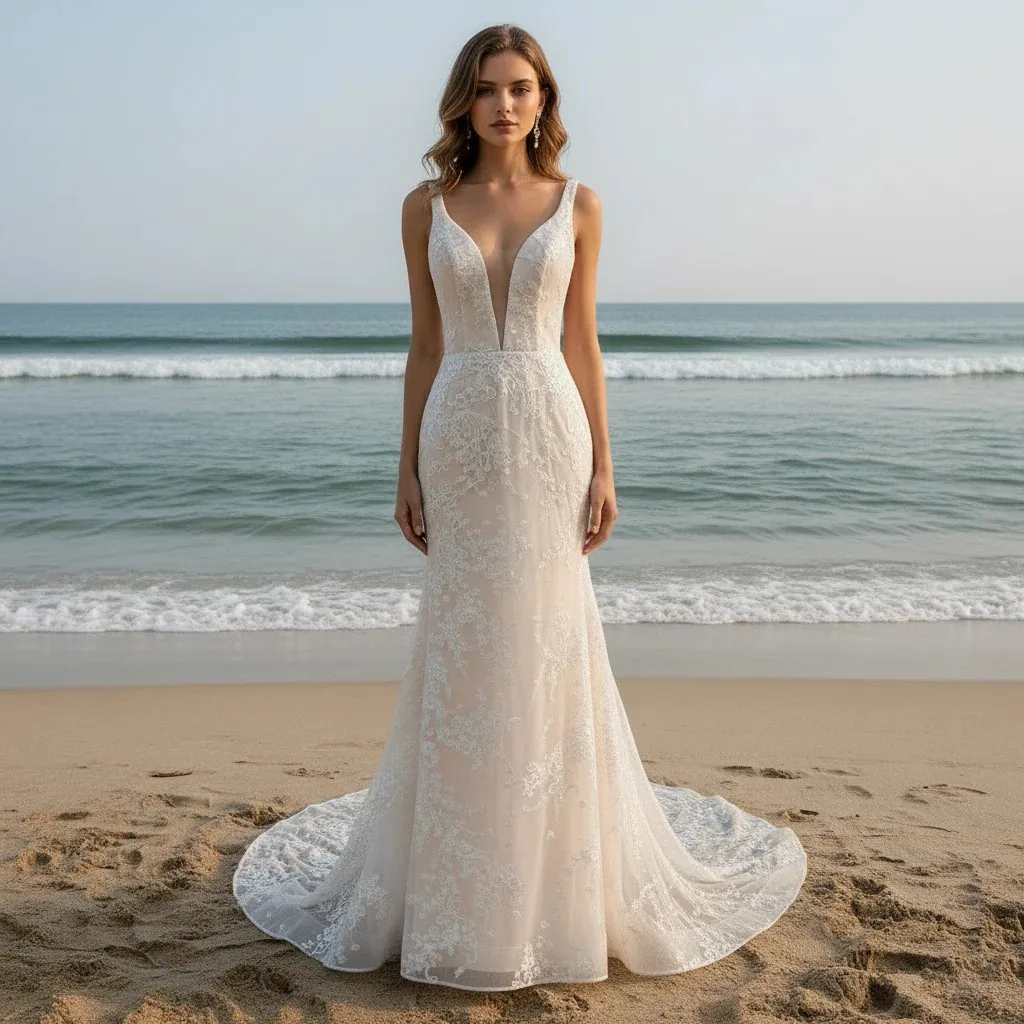 Rosymae – robe de mariée sirène Champagne clair, col en v, dentelle florale, dos bas, élégante, confortable, pour la plage, les mariages en plein air