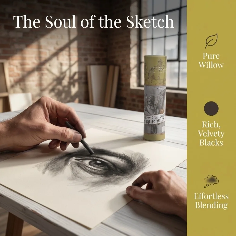 25PCS Black Charcoal Sticks Four Types Smooth Artist Charcoal Strips Light Weight Sketch Charcoal Bars Shading & Tone Building