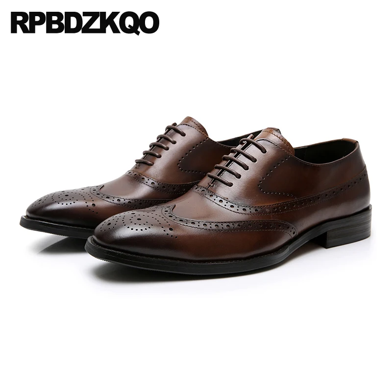 

Square Toe Brogue Shoes Brown Brand Men Wingtip Elegant Lace Up Oxfords Wedding Flats Real Leather Brush Dress Formal Custom